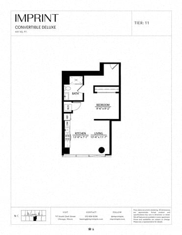 Rendering of the Convertible Deluxe K floor plan with a Studio bedroom and 1 bathroom[s] at Imprint