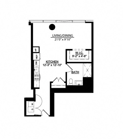 Rendering of the Studio Deluxe M floor plan with a Studio bedroom and 1 bathroom[s] at Imprint