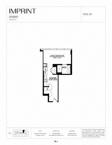 Rendering of the Studio C floor plan with a Studio bedroom and 1 bathroom[s] at Imprint