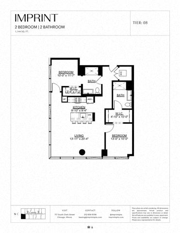 Rendering of the Two Bedroom F floor plan with 2 bedroom[s] and 2 bathroom[s] at Imprint